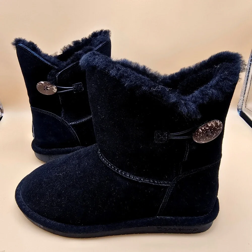 Bearpaw Rosie Black Suede Sheepskin Wool Fur Button Boots 1653W Womens 9